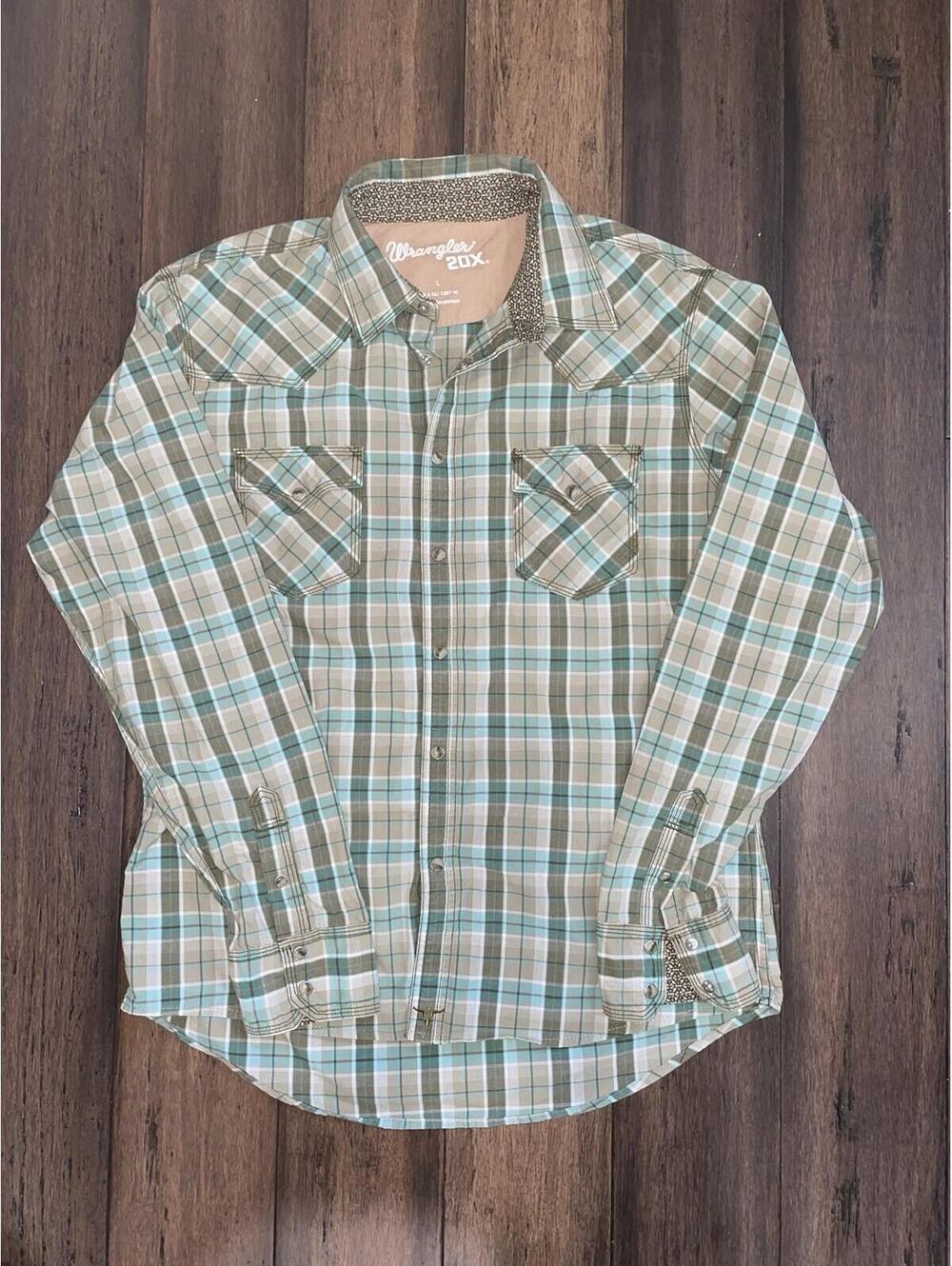 Wrangler Twenty Xtreme Shirt Mens Large Green Plaid Pearl Snap Western YeeHaw!